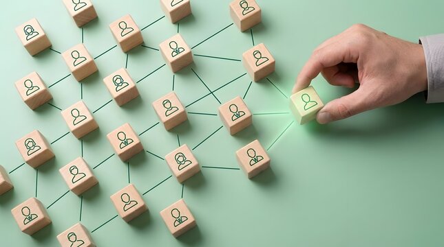 Business hand adding a glowing employee cube to a growing corporate network representing human resources expansion