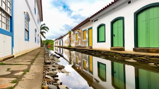 Paraty, streets and houses in the historic center. Paraty, in Rio de Janeiro, is a UNESCO listed colonial city. Time lapse.
