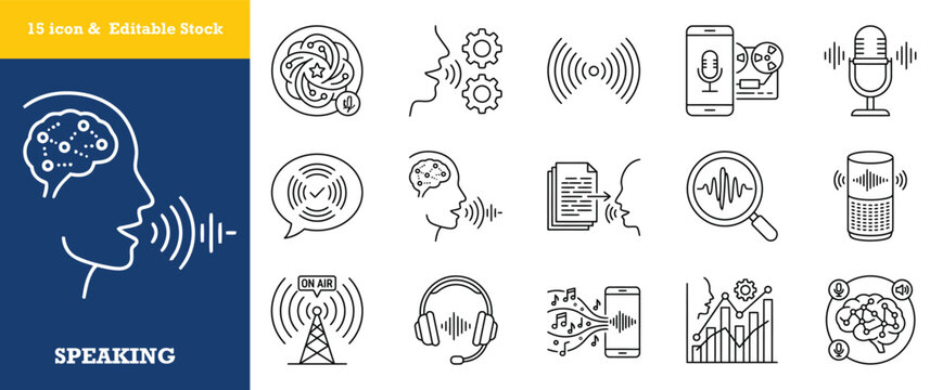 Set of fifteen voice and audio recognition technology icons for digital user interface.
