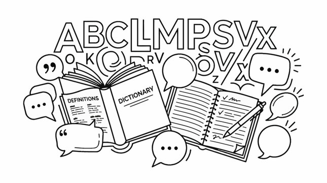 Hand drawn doodle illustration of an open dictionary book with speech bubbles and alphabet letters.