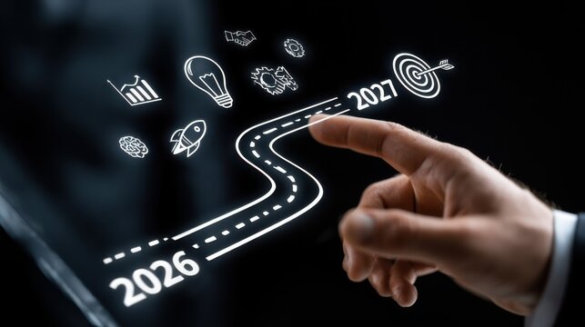 Future planning on a touchscreen display showing goals for 2026 and 2027 with various icons