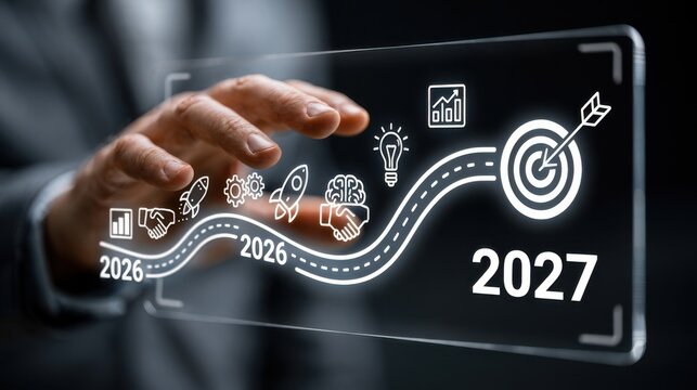 Future planning for business growth from 2026 to 2027 with graphic elements showing steps and goals