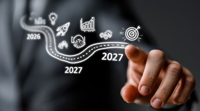 Business person shows future goals with clear timeline from 2026 to 2027
