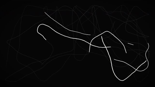 Abstract hand-drawn white lines tracking erratically across a dark film canvas with noise.