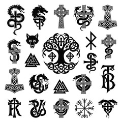 Fototapeta premium Viking Mythological Symbols and Celtic Knot Designs Ideal for Ancient Pagan Themes