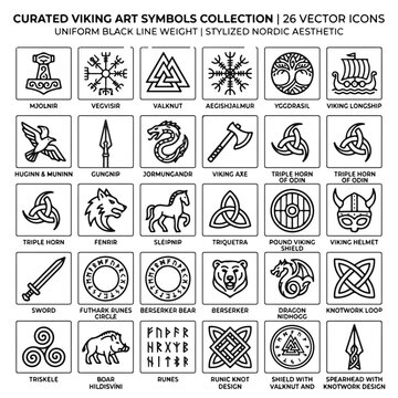 Viking Art Symbols Collection Line Icons for Nordic Design and Mythology Graphics