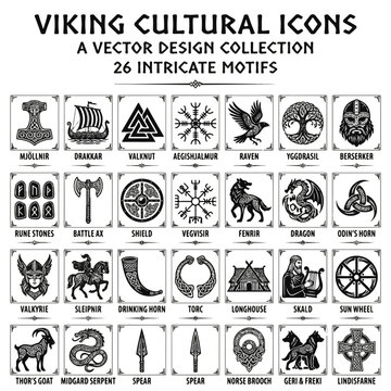 Viking Cultural Icons Vector Design Collection Featuring 26 Intricate Nordic Motifs and Symbols