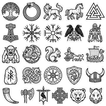 Viking Mythology and Ancient Norse Symbols Collection for Historical and Cultural Designs