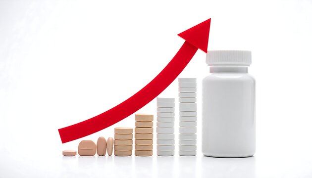 A white medicine bottle and stacks of pills with a red upward arrow, representing growth. The pills are increasing in size