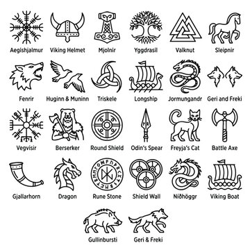 Viking Mythology Symbols and Creatures Set for Historical and Cultural Designs