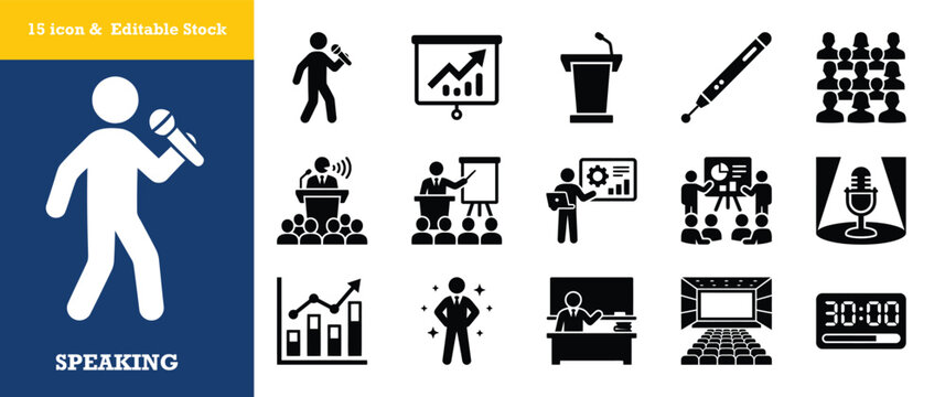 Set of fifteen speaking and presentation solid style icons for your graphic design needs.
