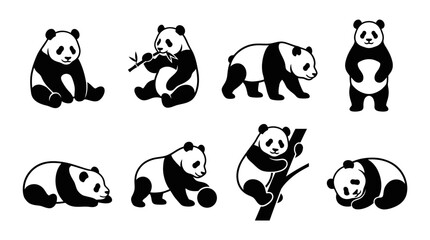 Naklejka premium A set of black and white panda bear illustrations in various poses.