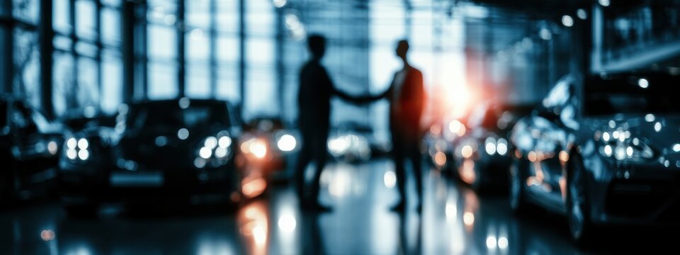 Business meeting takes place in a car showroom with two people shaking hands during a deal at night