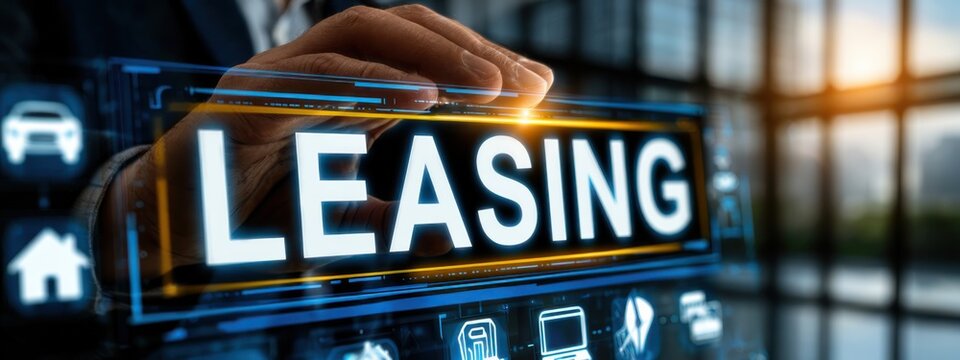 Business person interacts with leasing sign in a modern office setting during daytime