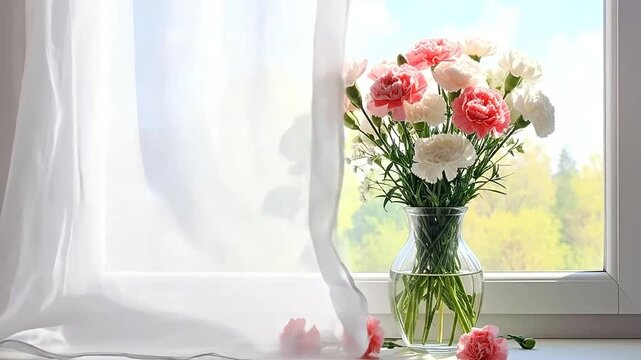A beautiful bouquet of fresh carnations sits in a glass vase on a bright windowsill