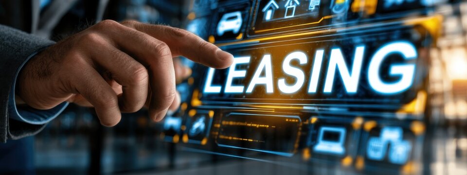 Hand presses leasing button on digital screen in office during working hours