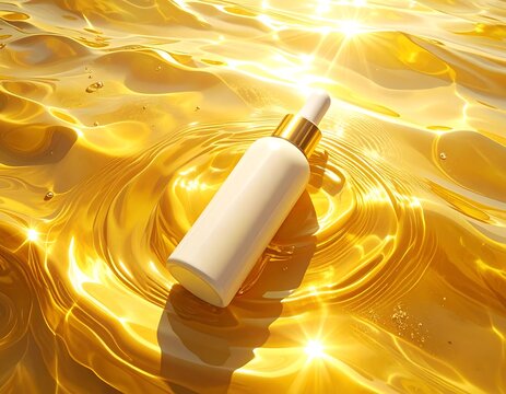 A white cosmetic bottle with a gold dropper rests on a surface of golden liquid, sun-drenched with sparkling highlights
