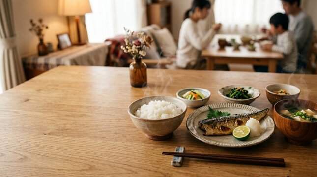 湯気の立つ焼き魚定食と家族の団欒