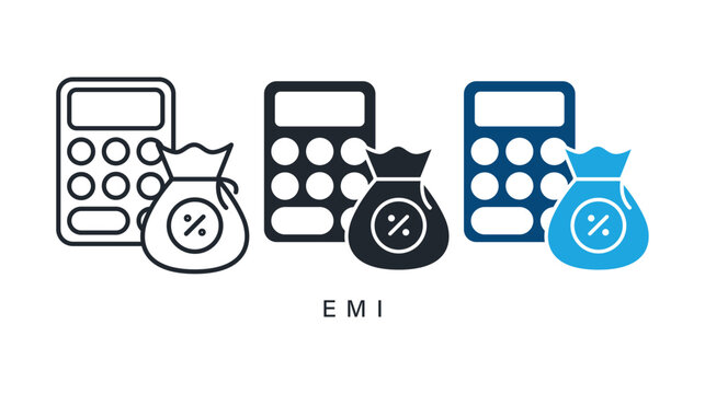 emi icon set with calculator and money bag percentage sign
