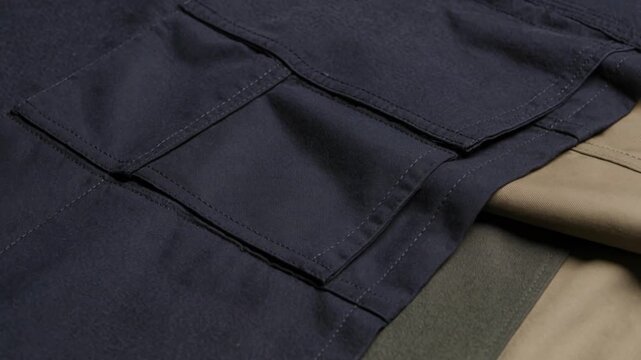 Detailed macro view of durable navy blue cargo pants featuring strong fabric and practical utility pockets showcasing rugged texture ideal for outdoor adventures casual attire and resilient everyday f
