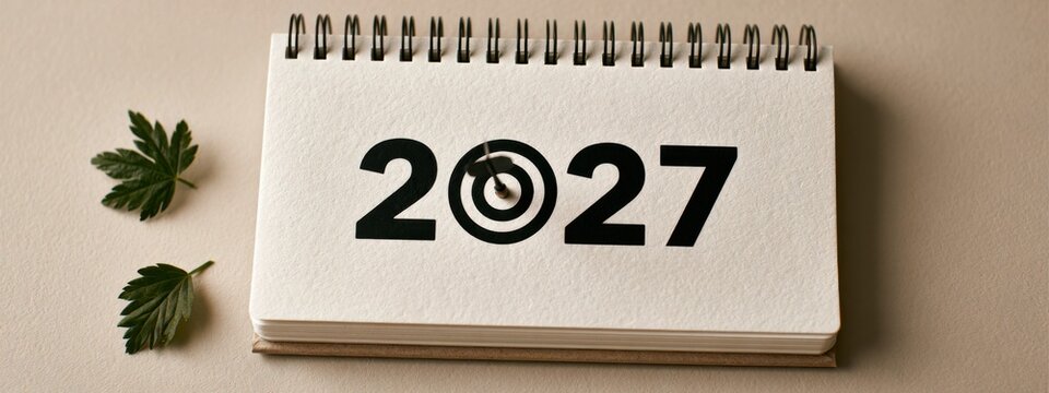 Calendar page shows the year 2027 with a target symbol, highlighting goals and plans for the future