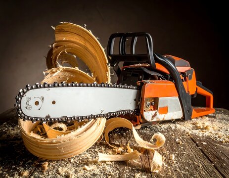 Chainsaw Cutting a Log on a Wooden Surface