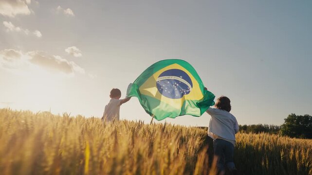 Brazilian little kids - soccer fans children running with national flag on nature field background at summer sunset. Brazil celebration banner, holidays in America.Brazil, Brazilian, Brazil, soccer, f