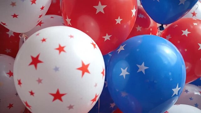 A festive collection of red, white and blue balloons decorated with star patterns for celebration