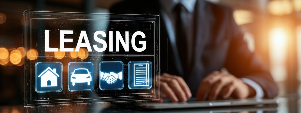 Leasing process in an office setting with signs and a businessman preparing documents