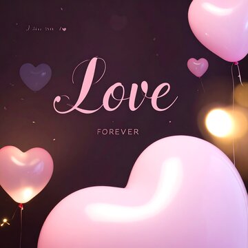Love Text with Heart Balloons Floating in Dark Setting