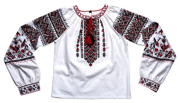 A white cotton long-sleeved shirt with intricate black and red embroidery around the collar, sleeves, and front