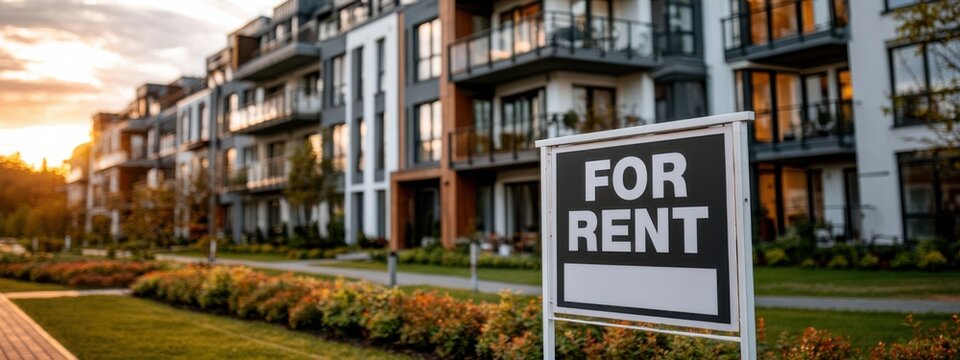 Modern apartment buildings with a for rent sign in the front yard during sunset hours