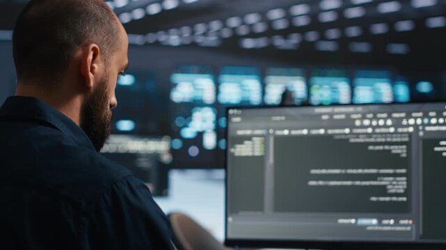 IT supervisor runs code on a PC in a server room, troubleshooting rigs and supporting hardware cluster, network and storage array upgrades during close technical maintenance.