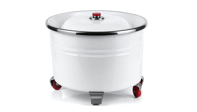 A white, cylindrical container with a lid and wheels. It has a metallic rim and a red knob on the lid