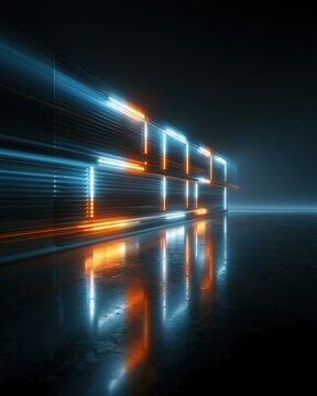 Light trails move along a dark corridor with reflections and glowing lines creating an abstract scene