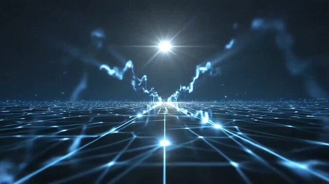 Futuristic digital technology background with glowing data grid, abstract network connections, and energy light burst