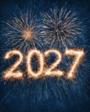Fireworks display celebrating the arrival of the new year 2027 with bright lights in the night sky