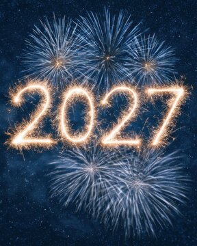 Fireworks light up the night sky to welcome the new year 2027 with bright bursts and colorful displays