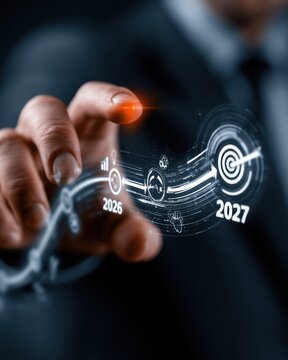 Business professional uses digital interface to plan goals for 2026 and 2027 during a meeting in an office setting