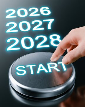 Button shows start with future years in glowing text on the surface, hand poised to press it, signifying beginning of new plans or projects