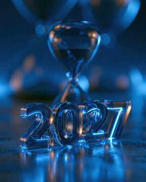 New year countdown in 2027 with hourglass and glowing numbers in blue lights
