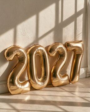 Celebration with gold balloons marking the year 2027 in a bright room with natural light