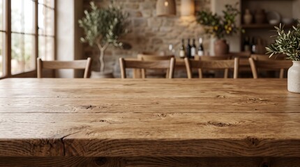 Fototapeta premium Ultra realistic rustic oak wooden tabletop background with authentic wood grain, large copy space, natural lighting, premium commercial backdrop for food, product display, advertising, branding