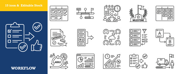 Naklejka premium Project management and business workflow process icons set for modern corporate planning.