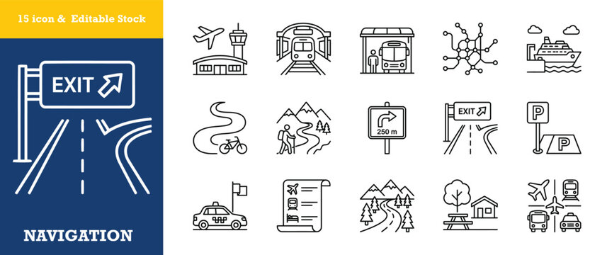 Linear transit navigation icons set containing airport terminal train bus and road signs.