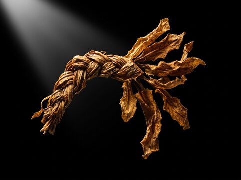 Dramatic high contrast studio shot of dried Aveluk braid on black background