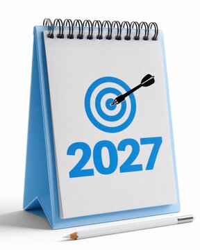 Planning for future goals with a calendar showing the year 2027 and a dart hitting the target symbol
