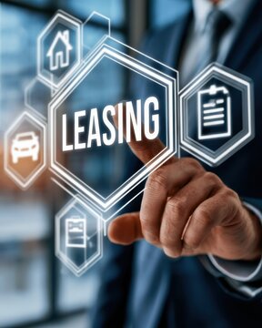 Business professional interacts with leasing graphics in an office setting during the daytime