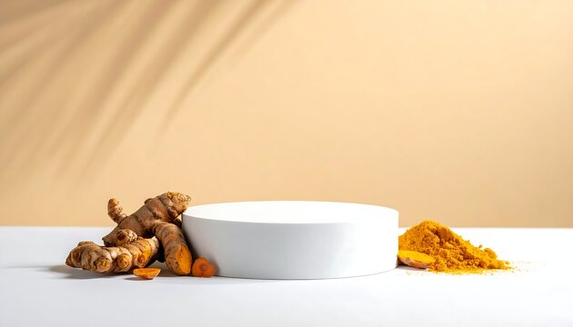 A white cylindrical platform is flanked by whole and powdered earthy-toned spices, with palm leaf shadow