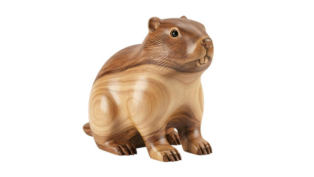 Wooden sculpture of squirrel sitting on its hinds with black background and.